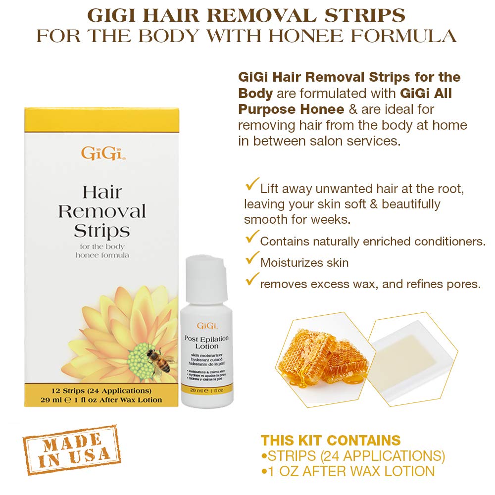 GIGI after-wax lotion next to used strip for residue removal
