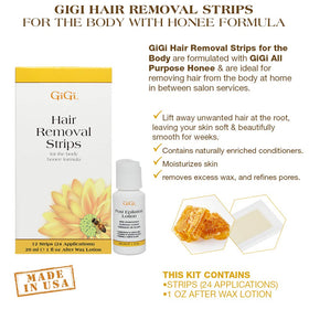 GIGI after-wax lotion next to used strip for residue removal