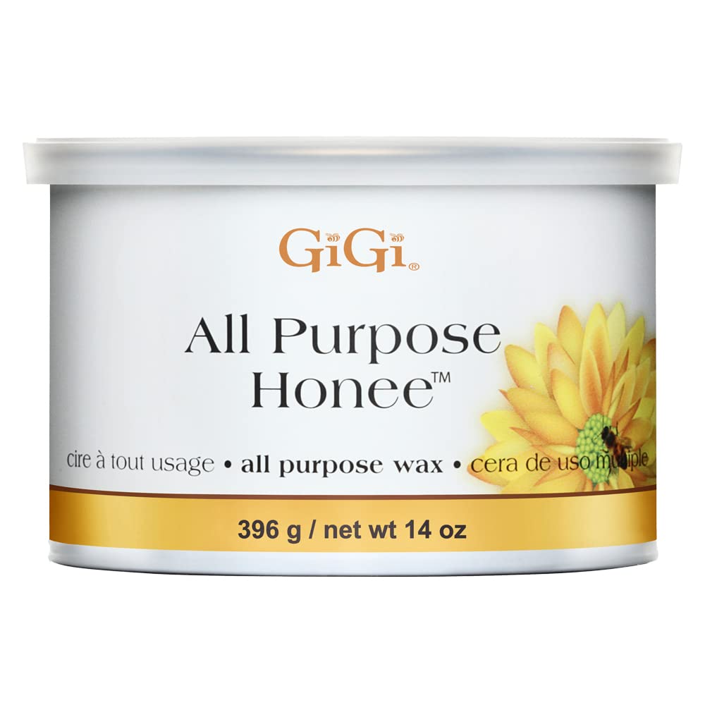 GIGI front packaging of 14 oz honee wax showing product label and tub benefits