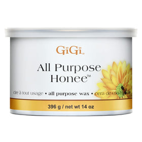 GIGI front packaging of 14 oz honee wax showing product label and tub benefits