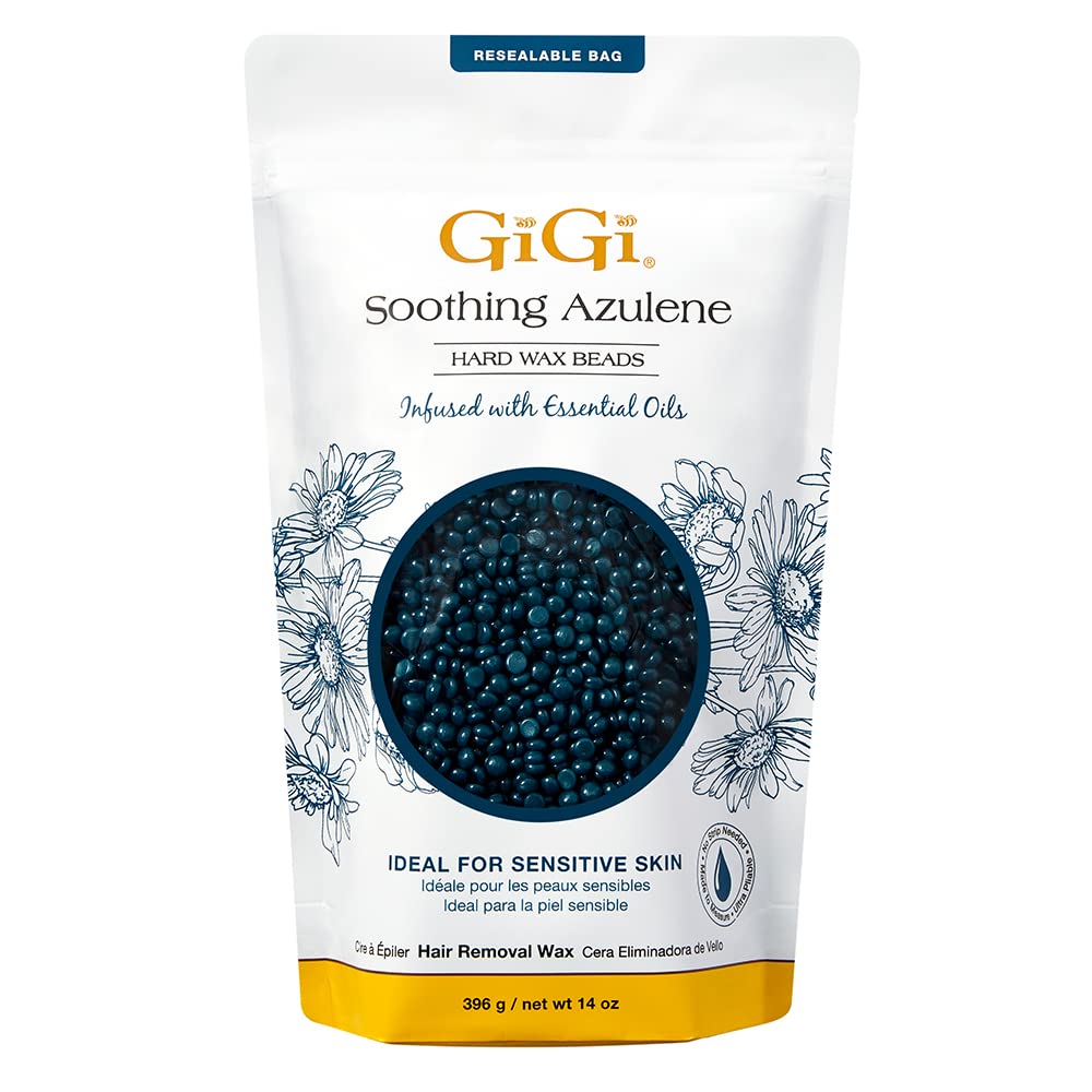 GIGI front packaging showing 14 oz azulene wax beads and benefits
