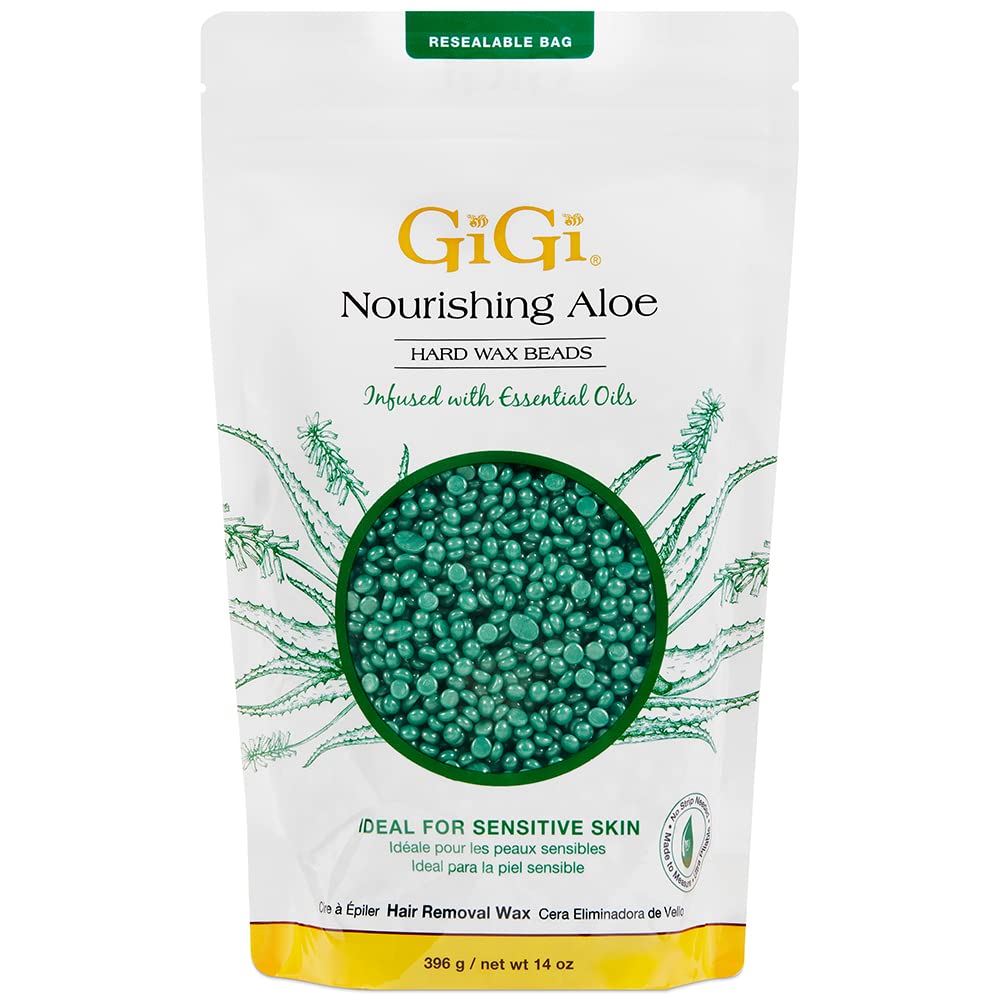 GIGI canister front view showing nourishing aloe beads and benefits
