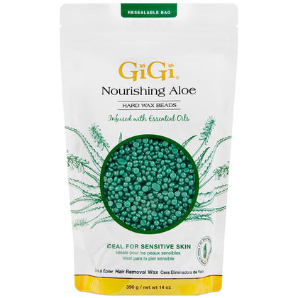 GIGI canister front view showing nourishing aloe beads and benefits
