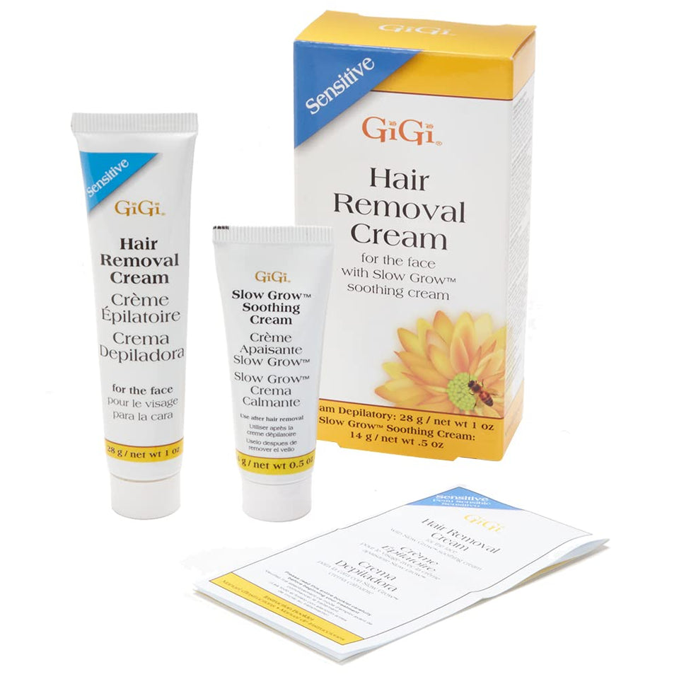 GIGI front packaging showing compact two-step facial hair removal kit and benefits