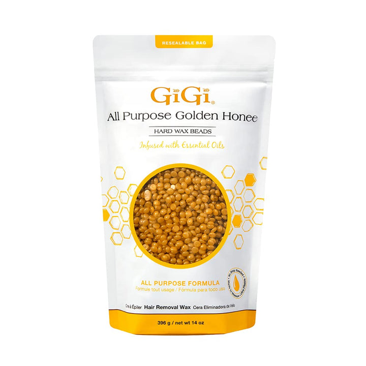 GIGI golden honee front pouch showing resealable bag and 14 oz label for easy storage