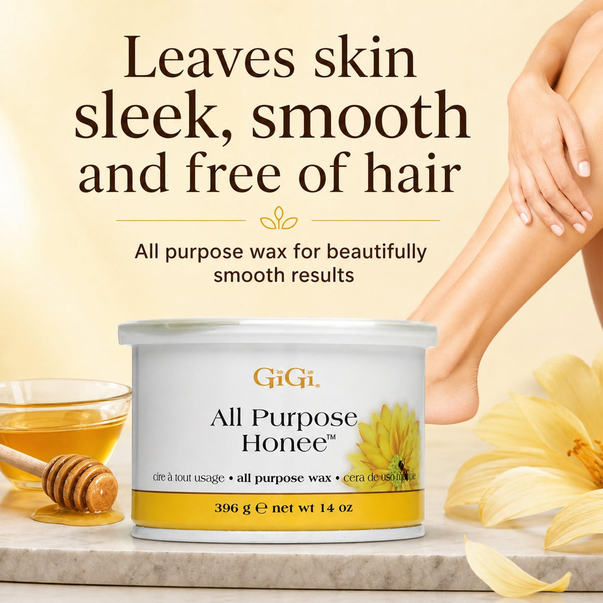 GIGI open can showing smooth honey-like wax texture for even spreadability