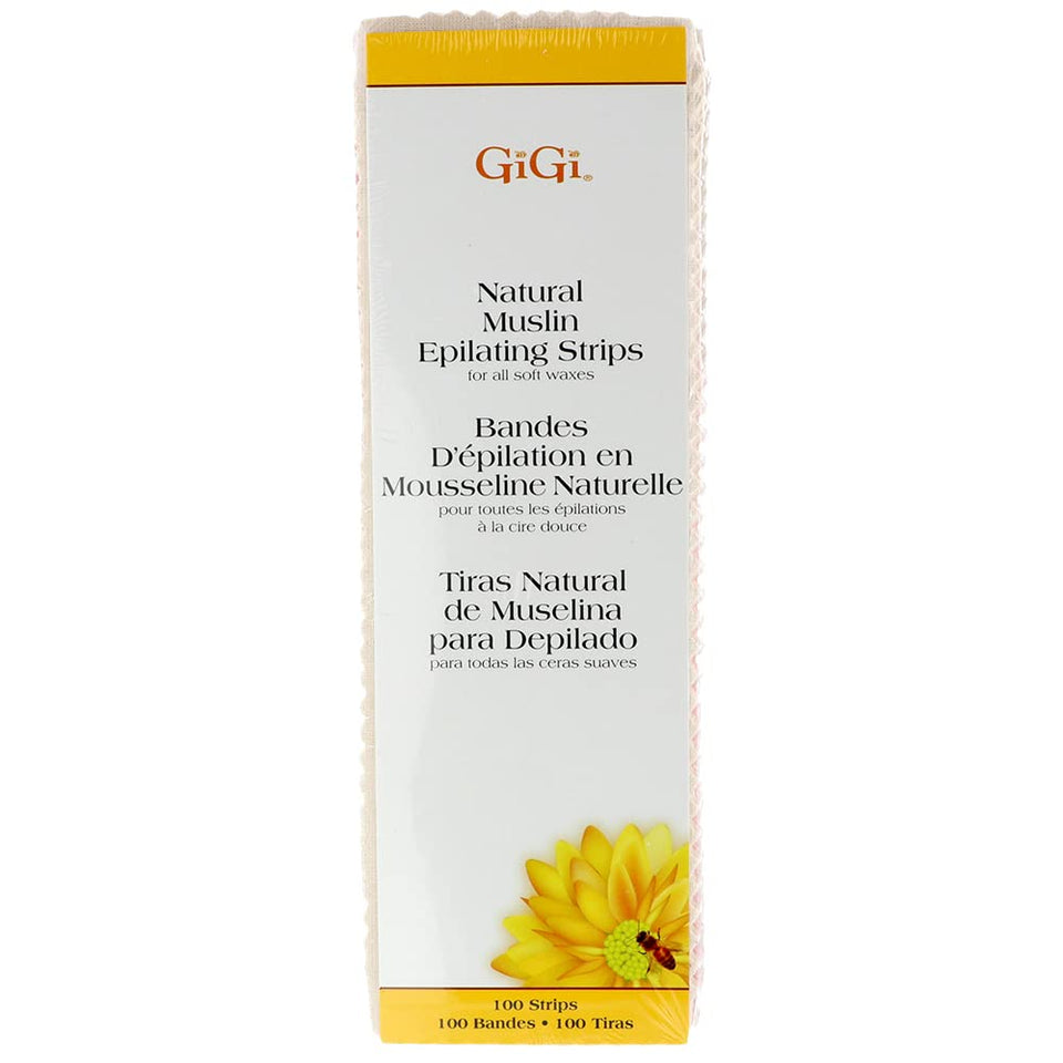 GIGI front packaging showing 100-count muslin strips and clear quantity benefit