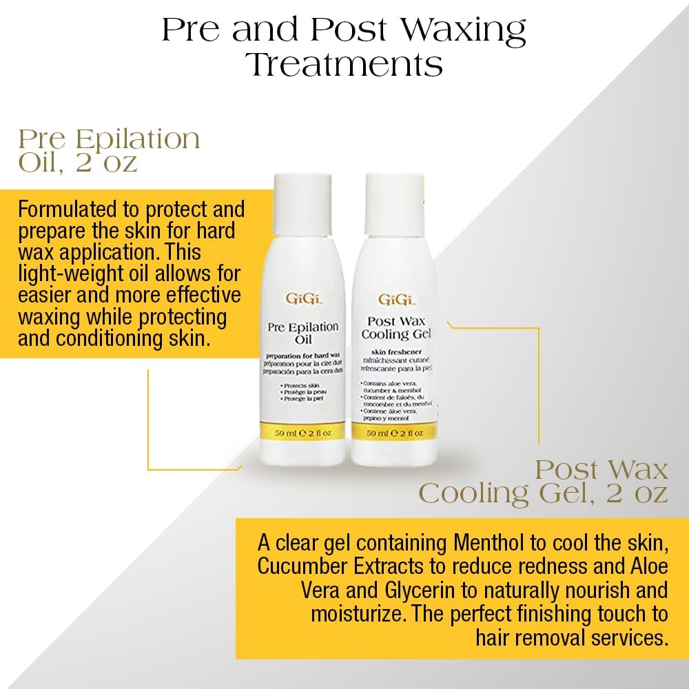 GiGi pre-epilation oil and post-wax cooling gel to protect and soothe