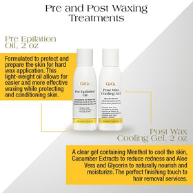 GiGi pre-epilation oil and post-wax cooling gel to protect and soothe