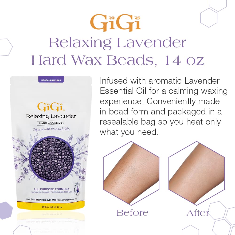 GiGi open jar with lavender wax beads visible, pourable texture benefit