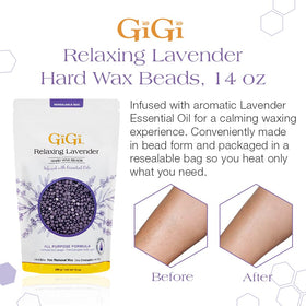 GiGi open jar with lavender wax beads visible, pourable texture benefit