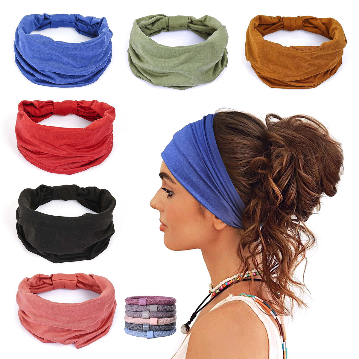GiLi front view of six wide headbands showing colors and knotted styles for easy outfit matching