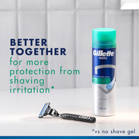Gillette can label close-up highlighting aloe and sensitive formula benefits