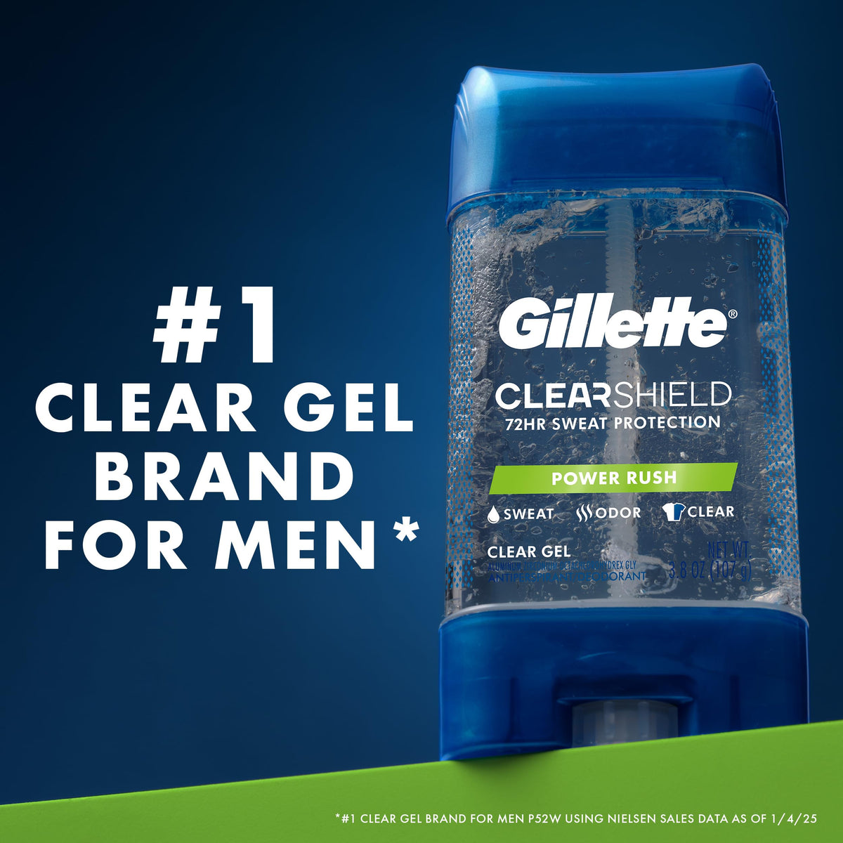 Gillette cap and label closeup showing product name and anti-white mark benefit