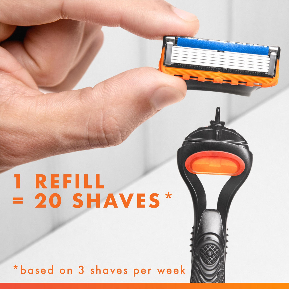 Gillette cartridge snapped onto compatible five-blade handle for quick change