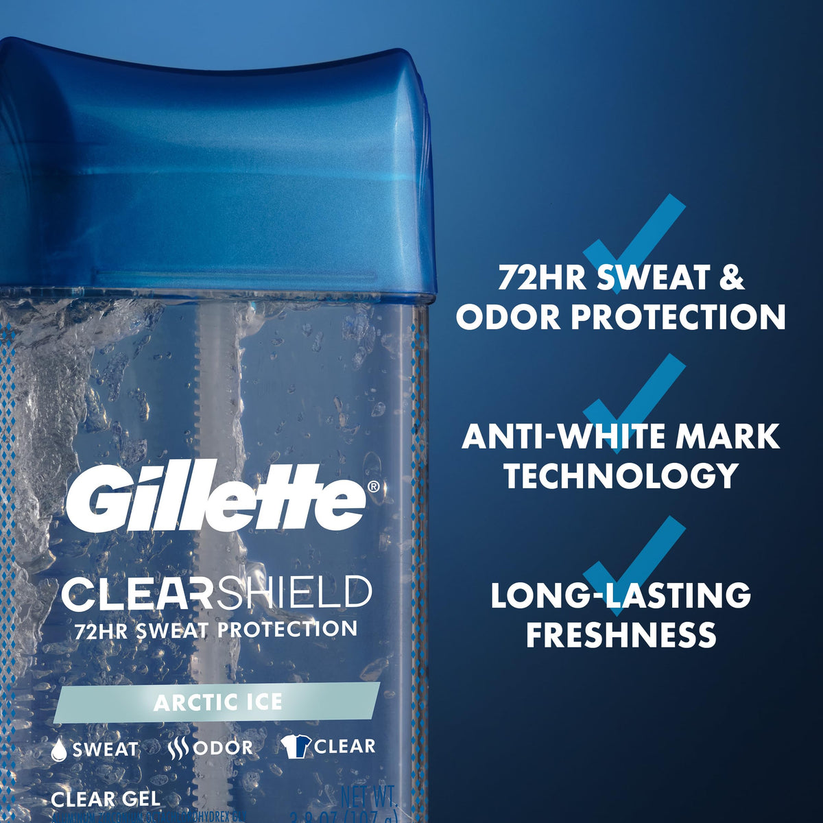 Gillette clear gel angled cap close-up showing easy-open design and convenience