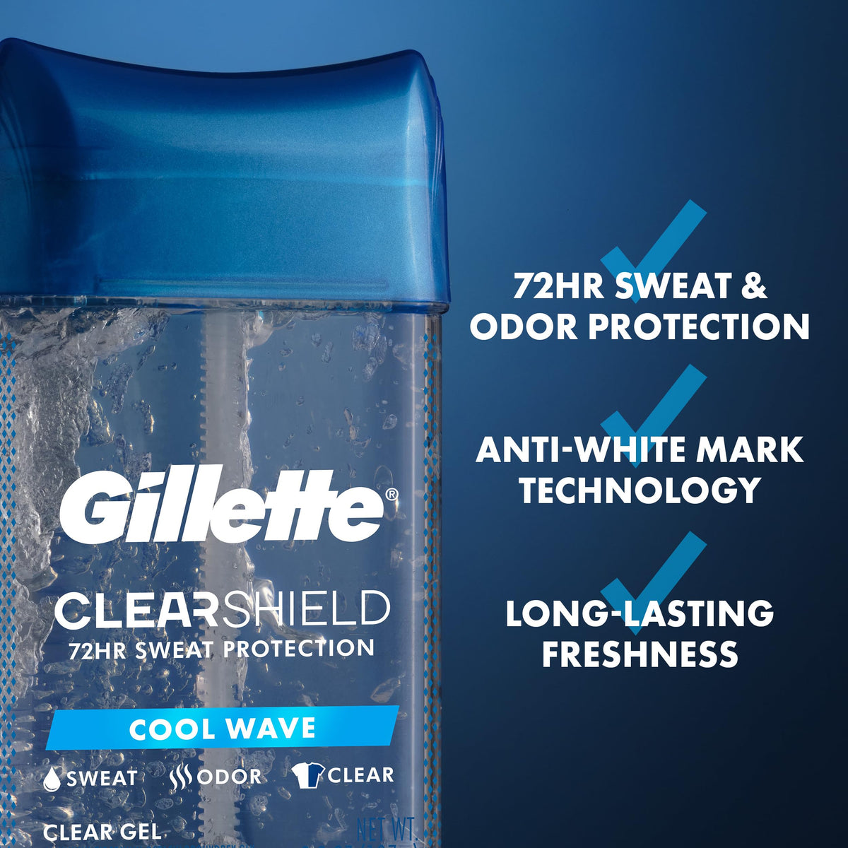Gillette clear gel application close-up demonstrating quick-dry benefit