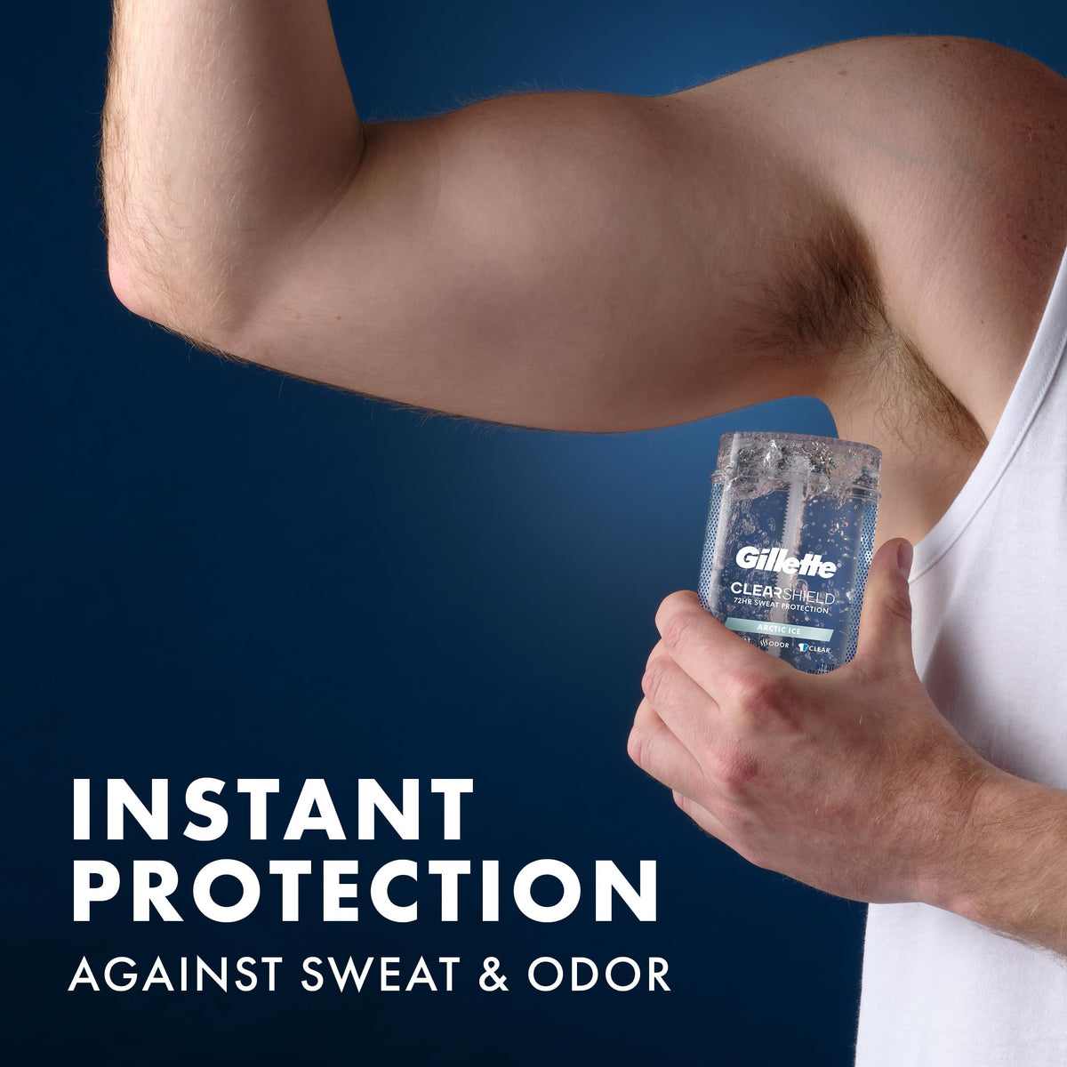 Gillette clear gel applied to underarm demonstrating fast-acting sweat control