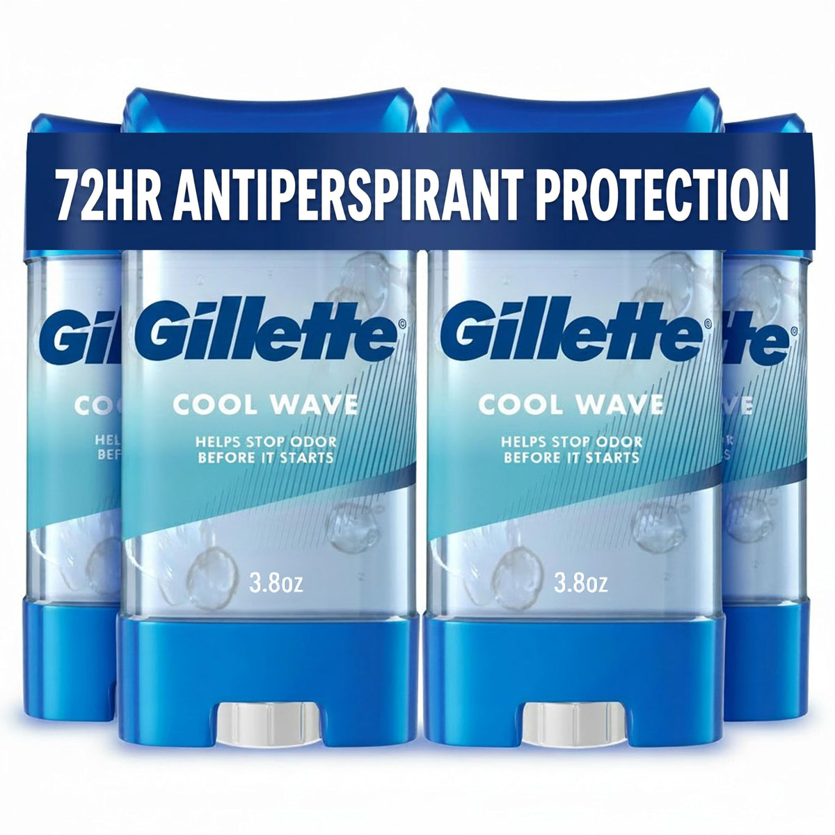 Gillette clear gel front packaging showing Cool Wave scent and 72hr protection benefit