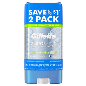 Gillette clear gel front packaging showing twin pack and benefits