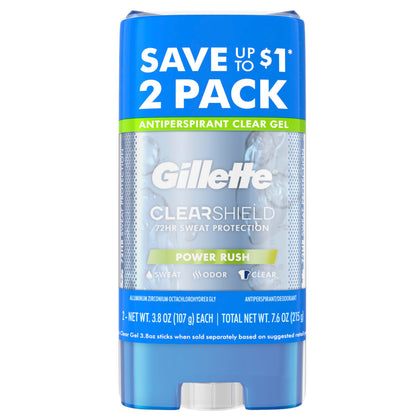 Gillette clear gel front packaging showing twin pack and benefits