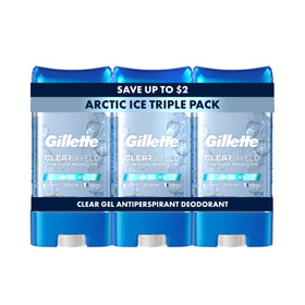 Gillette clear gel front packaging showing Arctic Ice scent and benefits