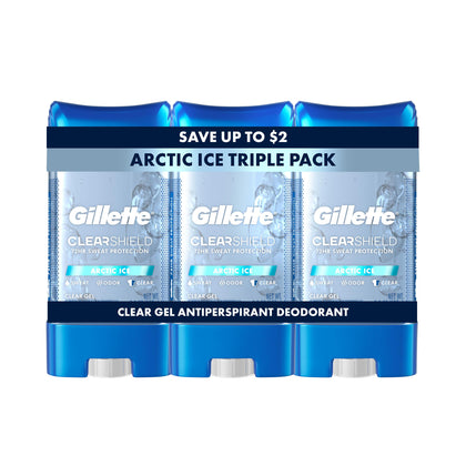 Gillette clear gel front packaging showing Arctic Ice scent and benefits