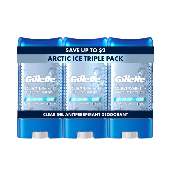 Gillette clear gel front packaging showing Arctic Ice scent and benefits