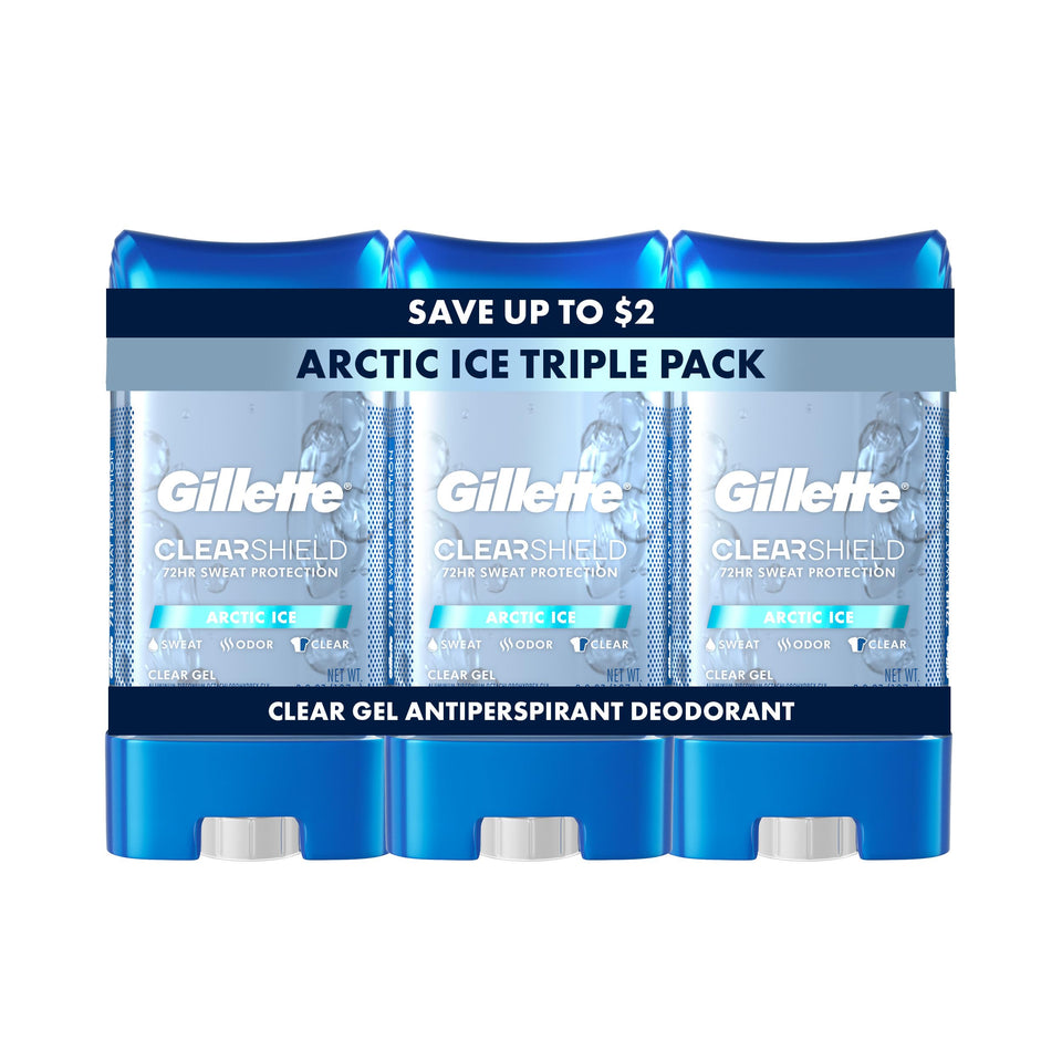 Gillette clear gel front packaging showing Arctic Ice scent and benefits