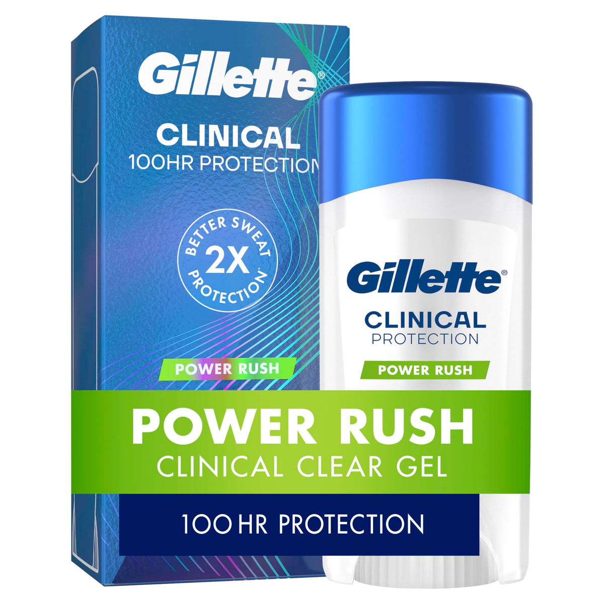 Gillette clinical front packaging showing clear gel and Power Rush scent benefit
