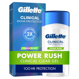 Gillette clinical front packaging showing clear gel and Power Rush scent benefit