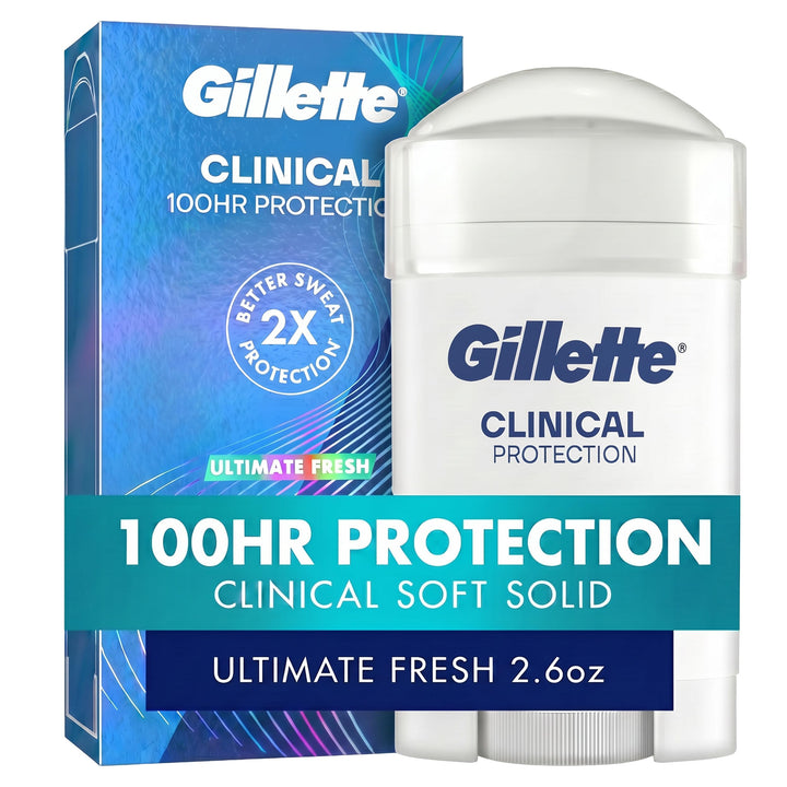Gillette Clinical front packaging showing 100HR protection benefit