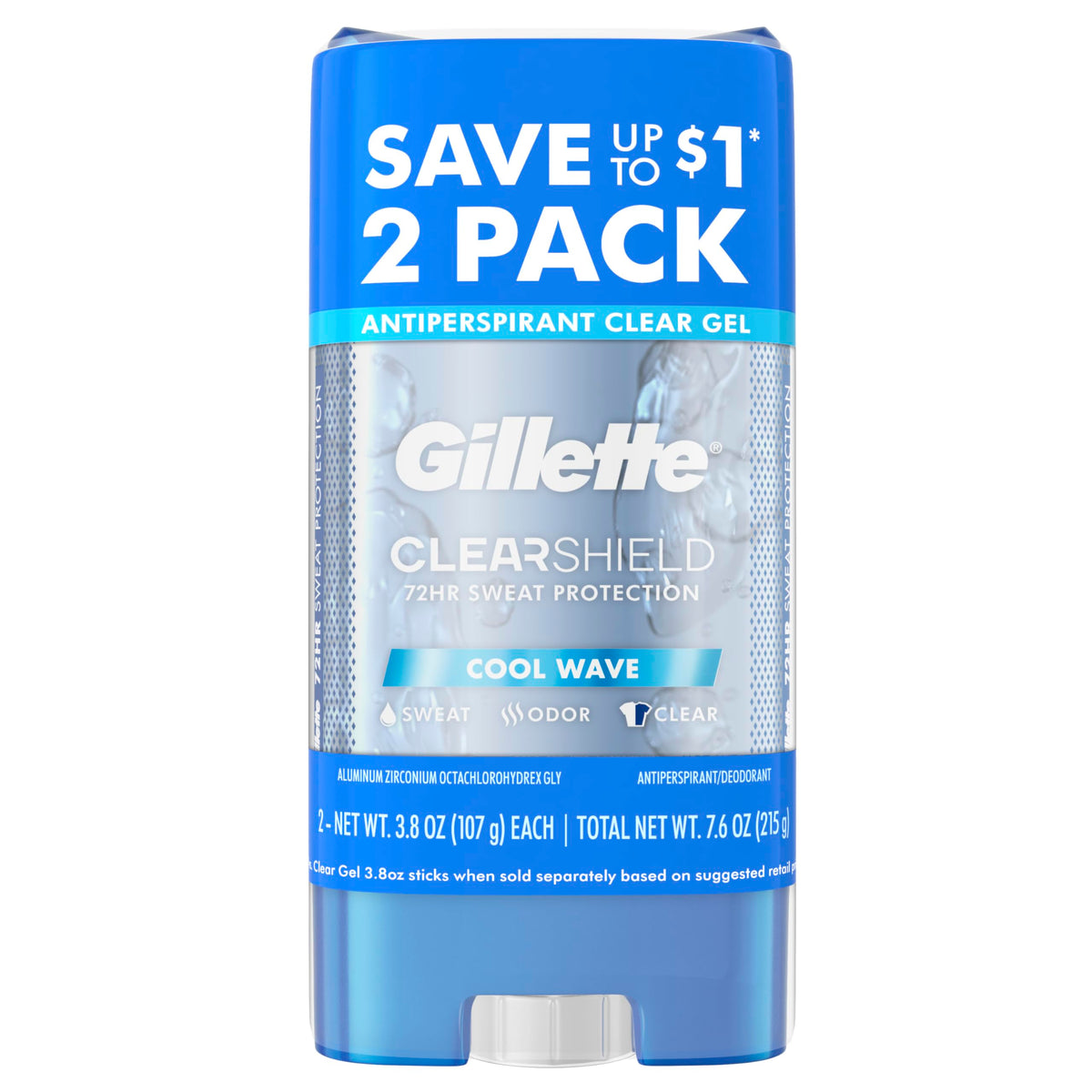 Gillette front packaging showing Cool Wave scent and 2-pack benefit