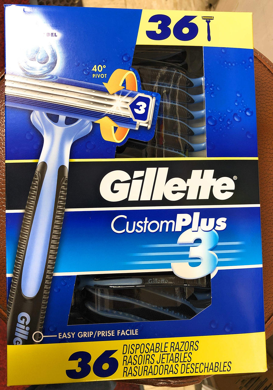 Gillette Custom Plus3 front pack showing 36-count and benefit of reliable daily shaves