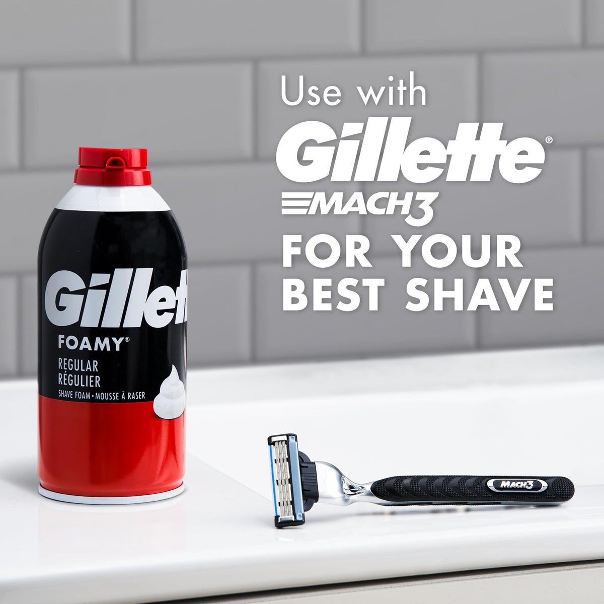Pack of 12 Gillette Foamy cans stacked for bulk supply and value benefit