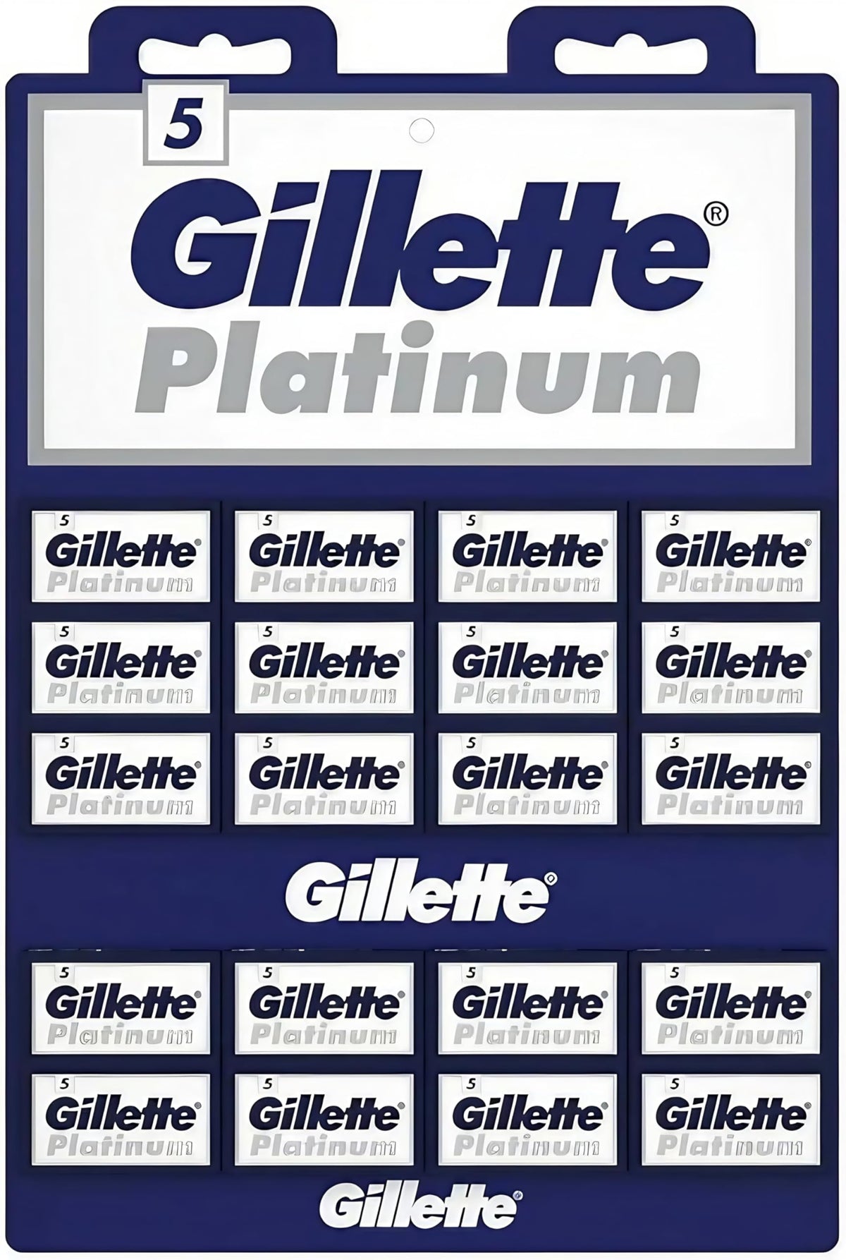gillette front display card showing boxed blades and easy-access retail benefit
