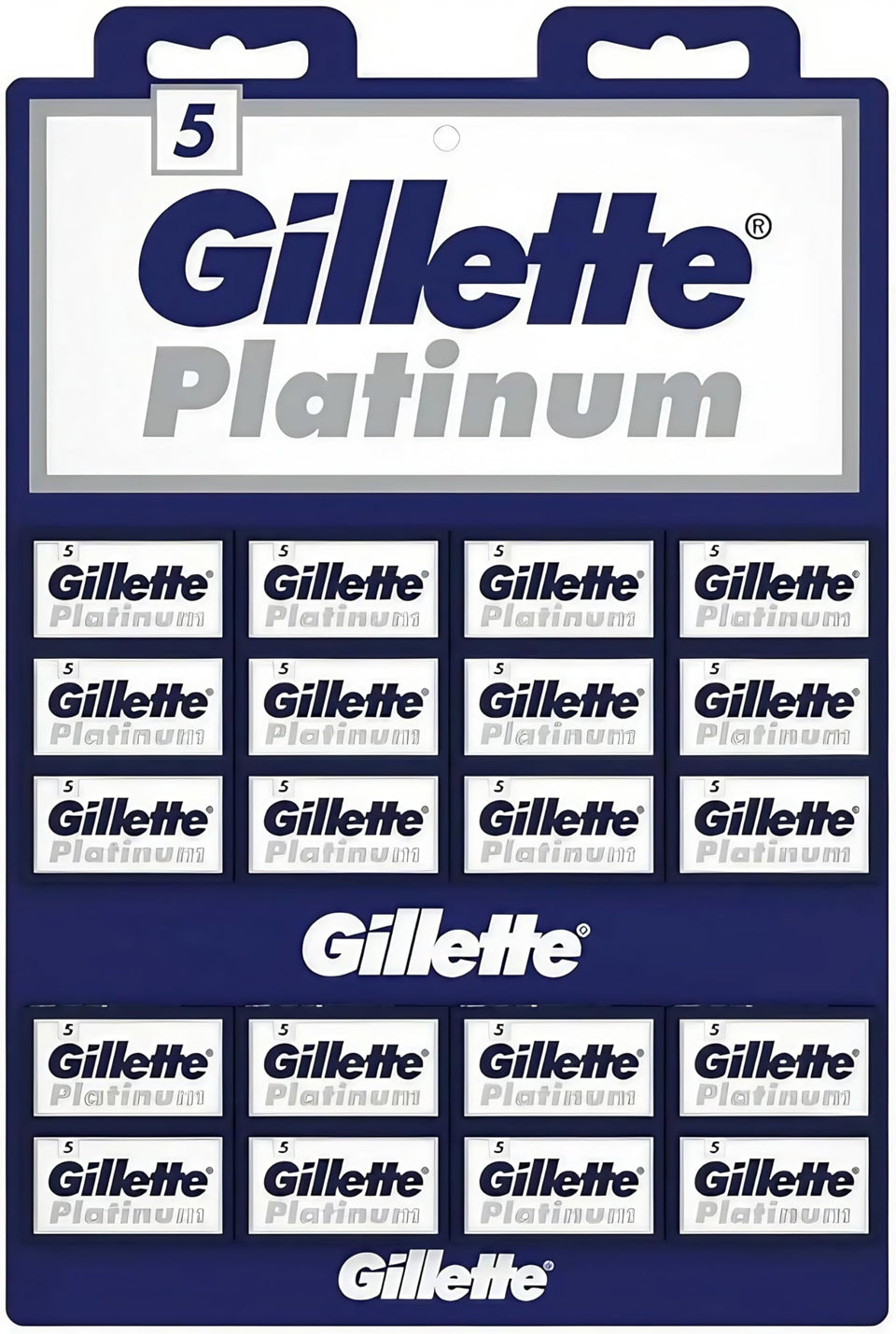 gillette front display card showing boxed blades and easy-access retail benefit