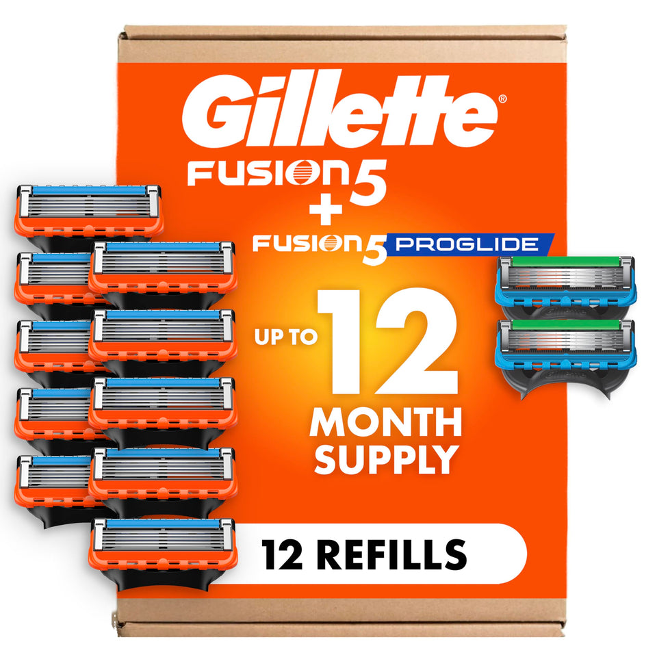 Gillette front package showing 12-count refills and variety pack benefits