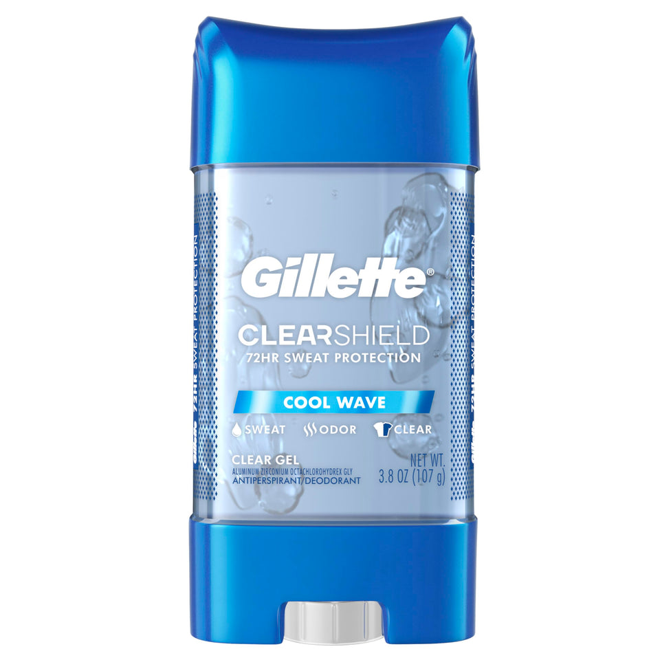 Gillette front packaging showing five clear gel sticks and benefits
