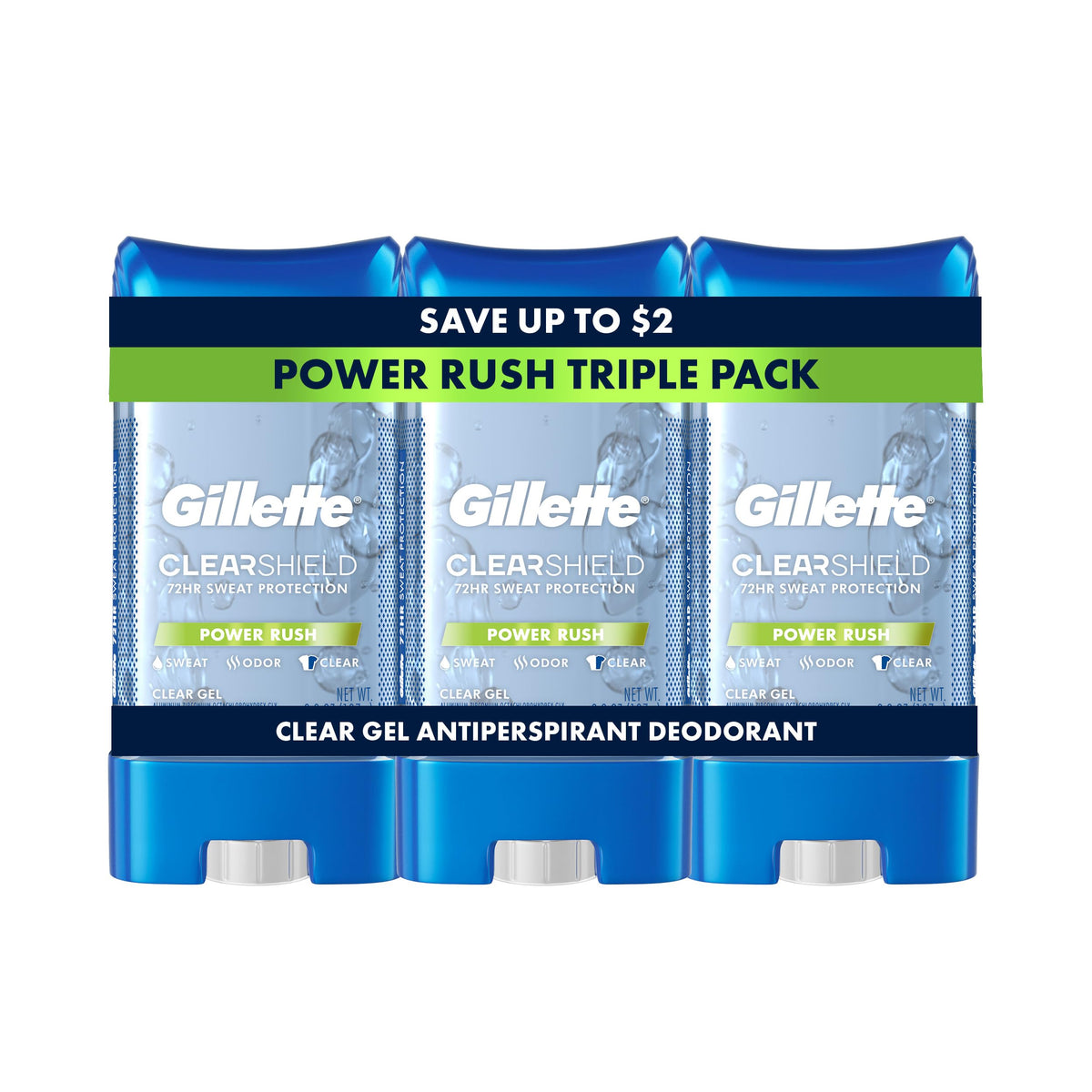 Gillette front packaging showing clear gel stick and Power Rush scent benefit