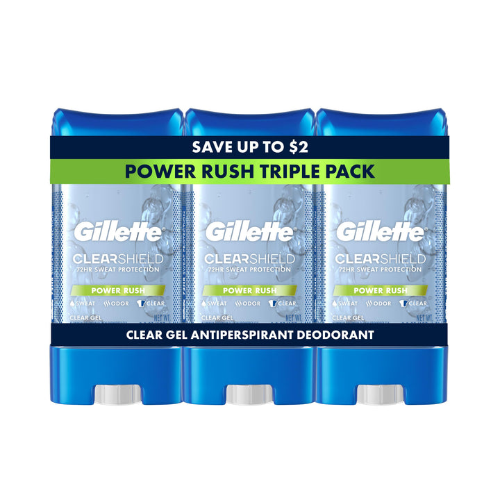 Gillette front packaging showing clear gel stick and Power Rush scent benefit