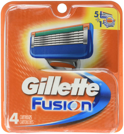 Gillette Fusion front packaging showing four cartridges and clear product labeling for freshness