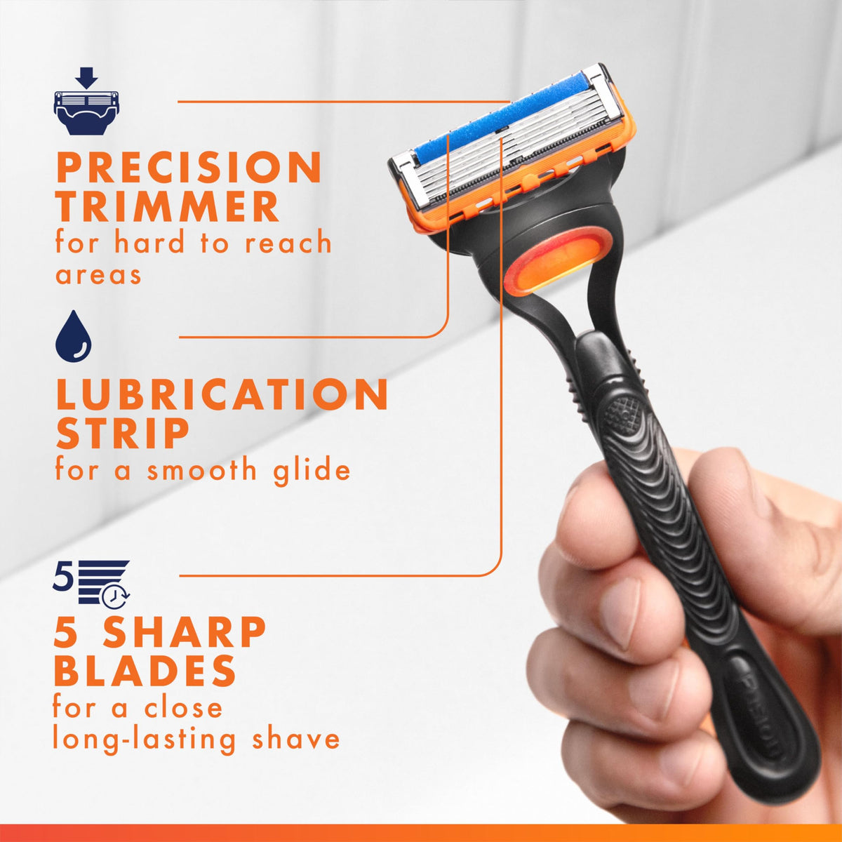 Gillette Fusion5 blade cluster detail showing five anti-friction blades for comfort