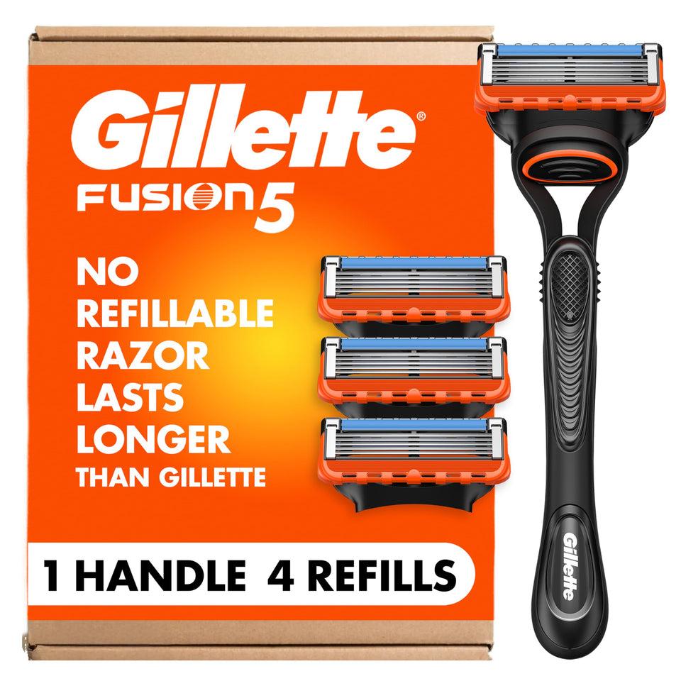 Gillette Fusion5 front packaging showing handle and four refills, convenient supply