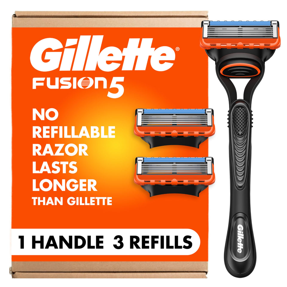 Gillette front packaging showing Fusion5 razor set and included refills for reliable value