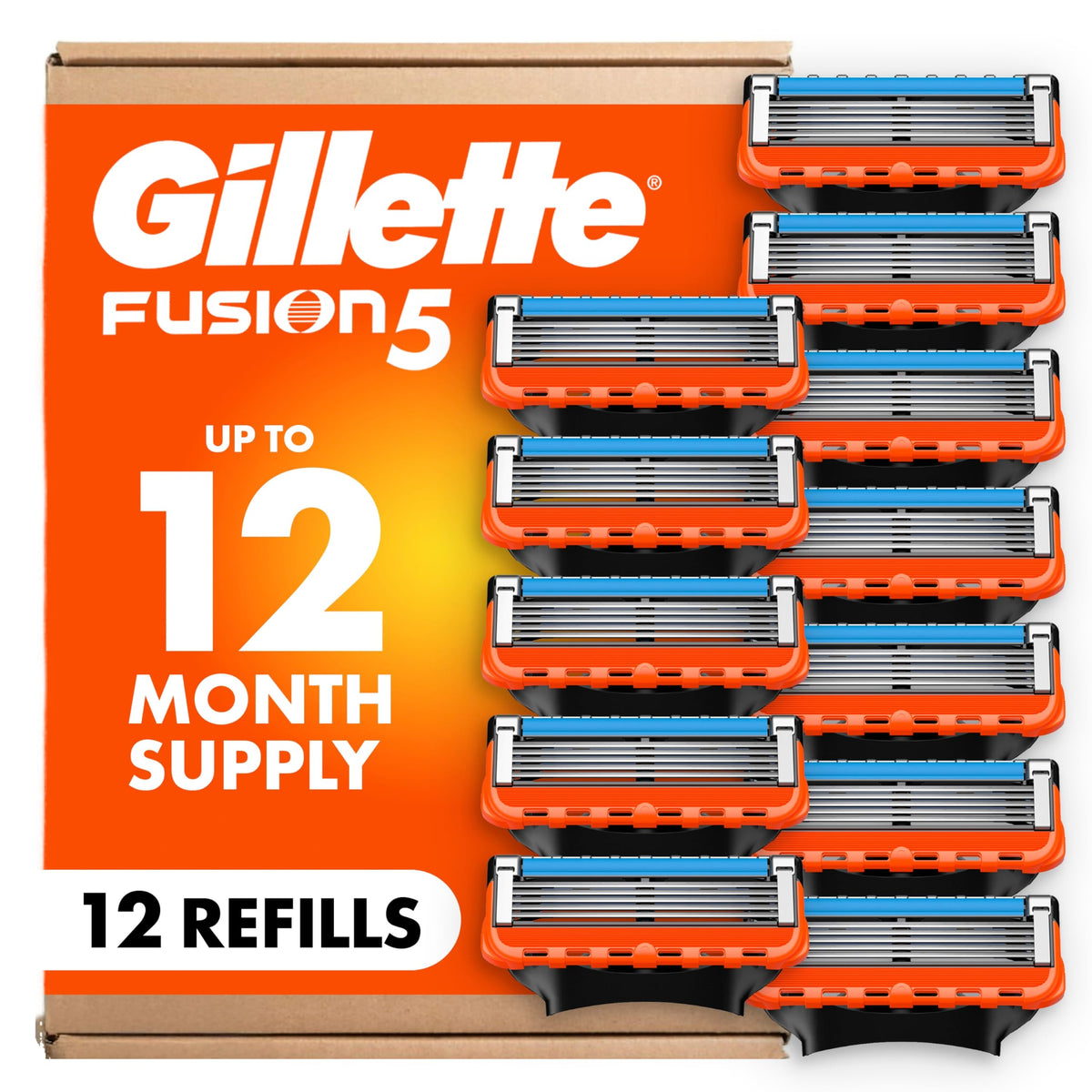 Gillette Fusion5 front packaging showing 12-count refills for convenience