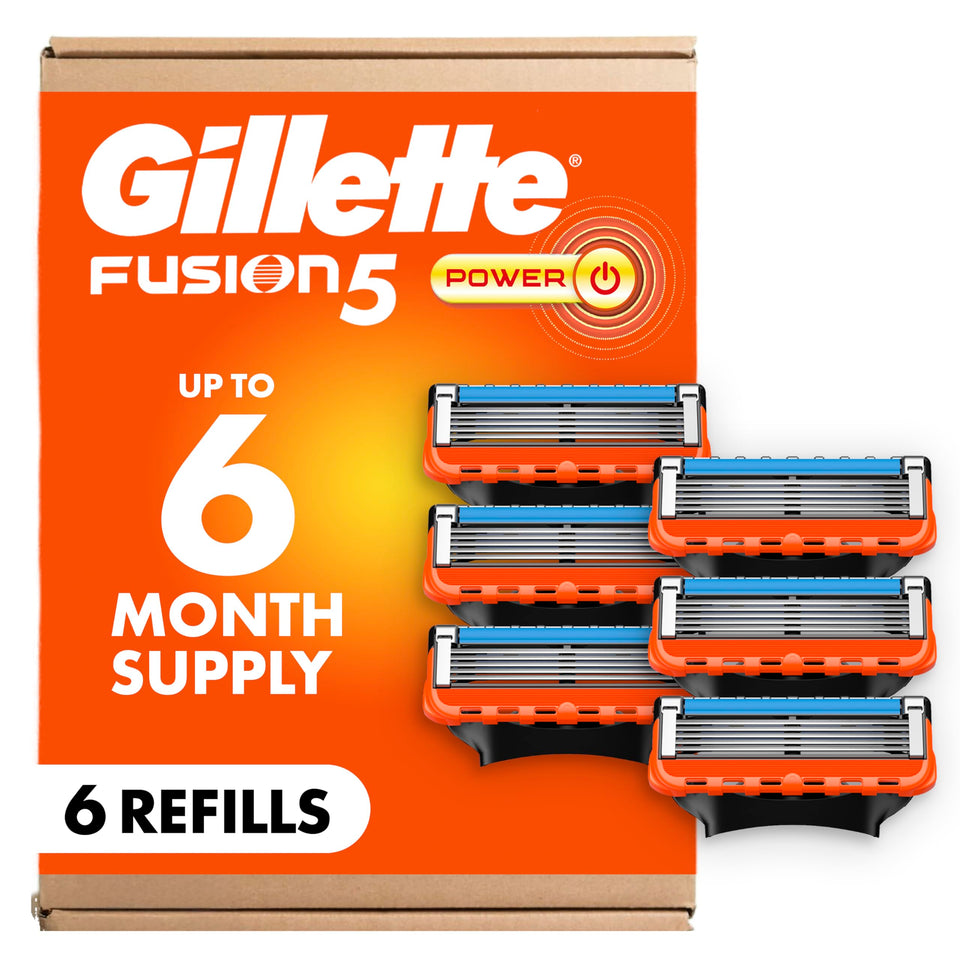 Gillette Fusion5 front packaging showing six refill cartridges and value pack benefit