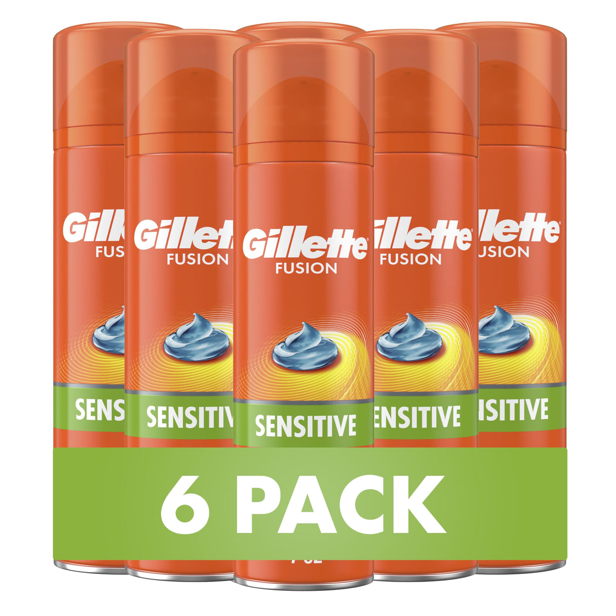 Gillette Fusion5 front packaging showing six 7oz cans and clear branding for easy stocking