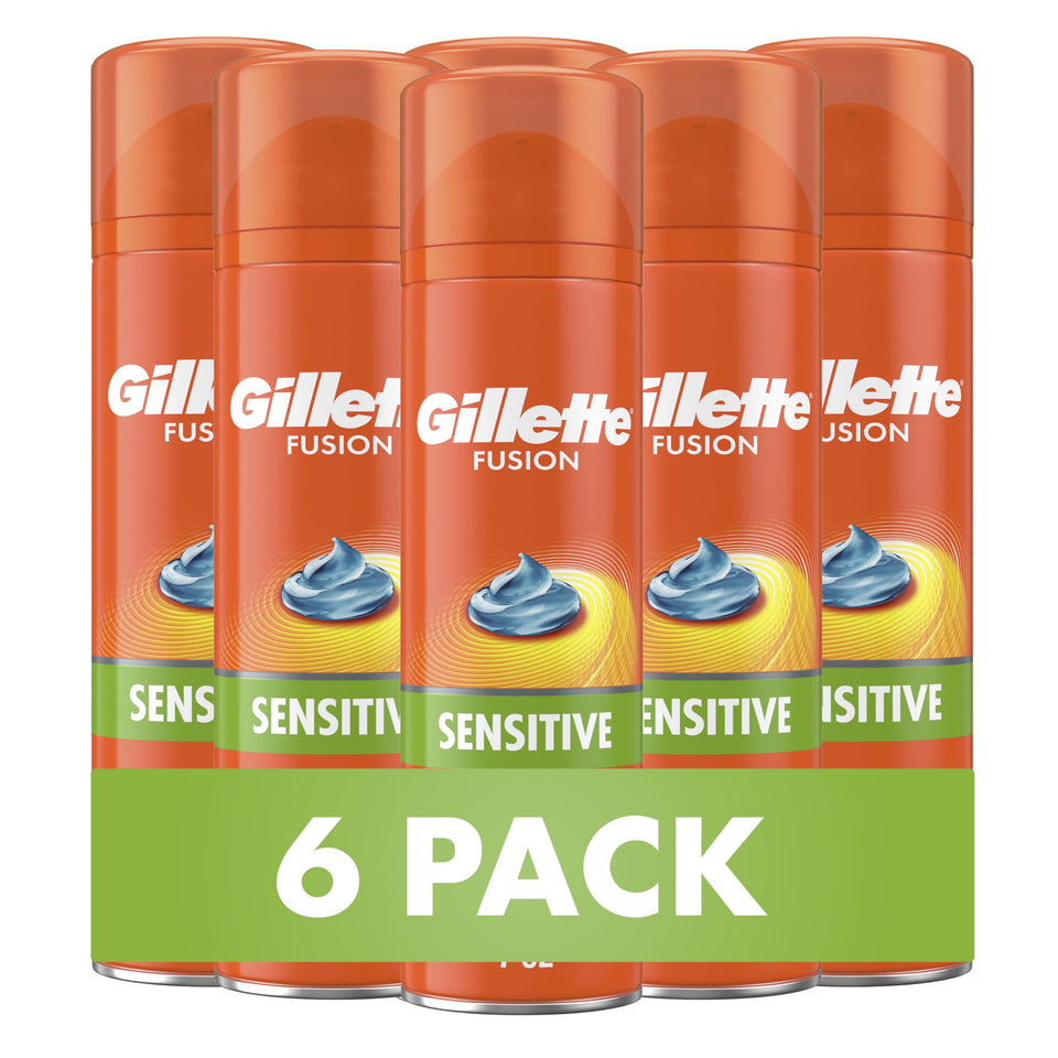 Gillette Fusion5 front packaging showing six 7oz cans and clear branding for easy stocking