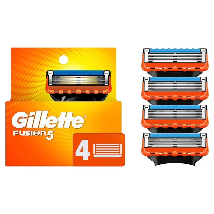 Gillette Fusion5 front packaging showing four refill cartridges for easy stocking